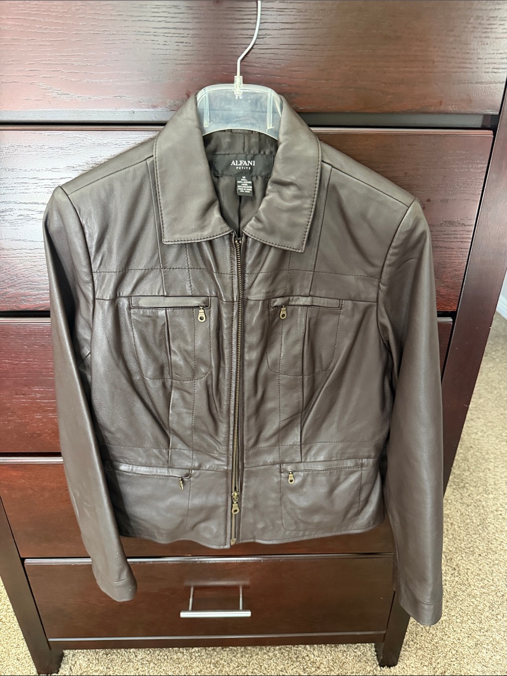 Alfani Women's Brown Leather Zip-Front Jacket